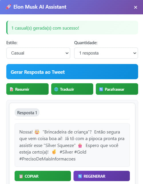 Robô Elon Musk: Responda Tweets (X) com Inteligência Artificial, Resuma, Traduza, Parafraseie