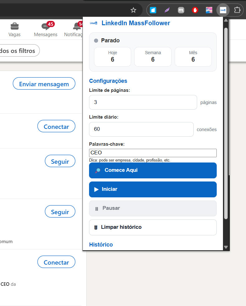 Robô LinkedIn MassFollower: Extensão no Chrome para Seguir Pessoas em Massa