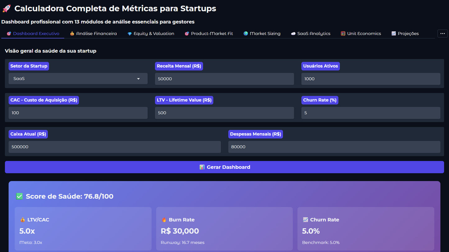 Robô Startup: Calculadora Completa de Métricas para Startups (13 Módulos)
